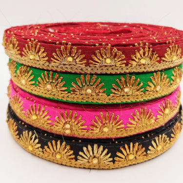 Embroidered Green Silk Trim With Gold Embroidery, Lace Trim By 2 Yard, Decorative Trimming